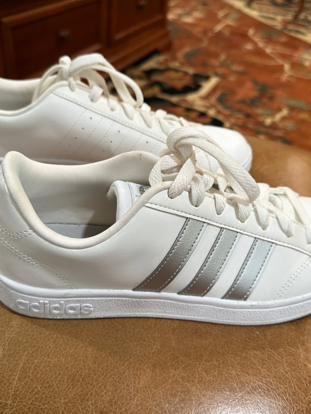 adidas White Sneakers with Silver Stripes